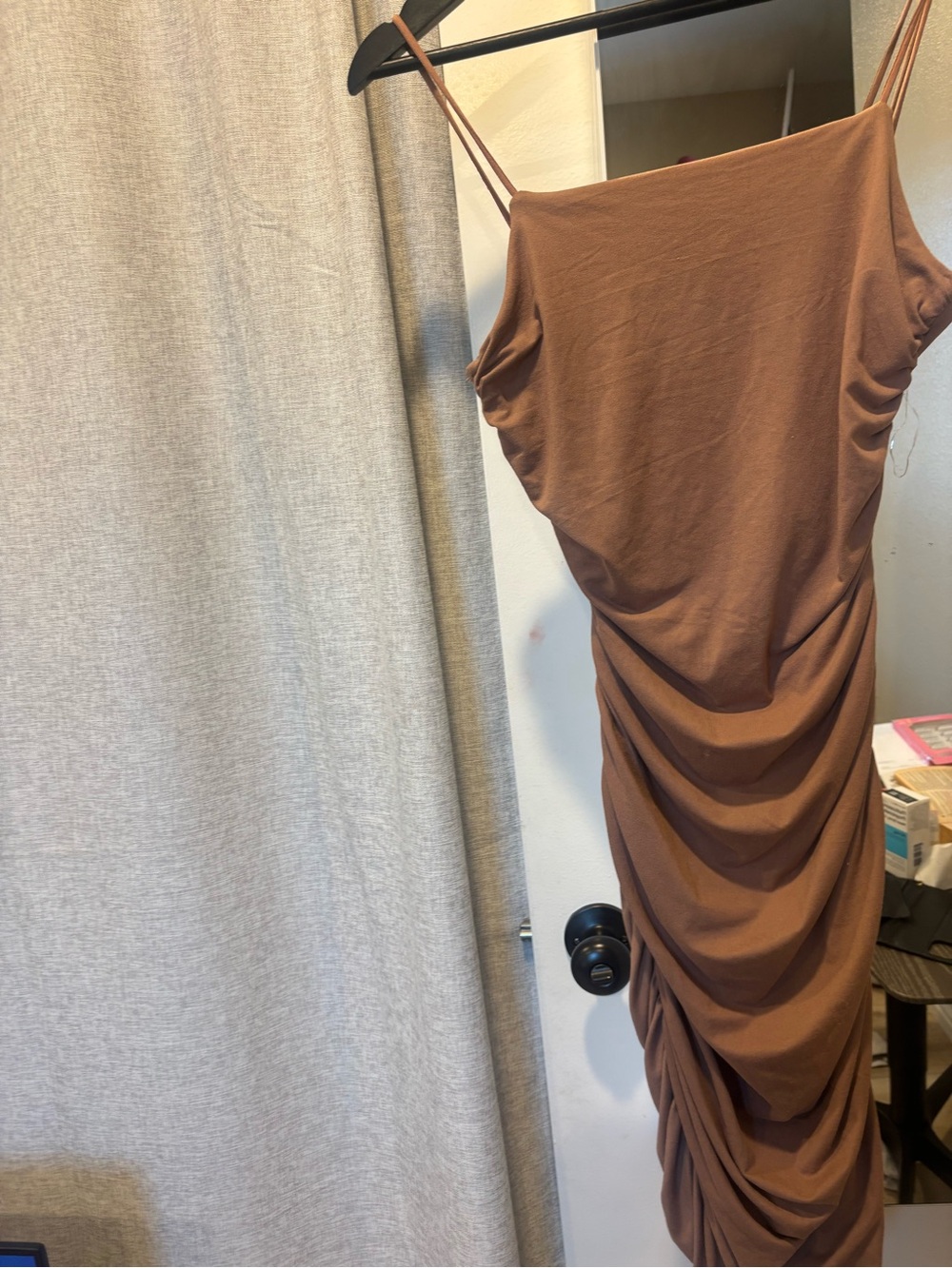 Heart & Hips Brown Ruched Midi Slip Dress